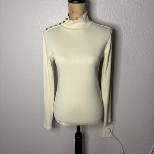 J Crew Perfect Fit Ribbed Cream Long Sleeve Turtleneck Neck Buttons Preppy sz S